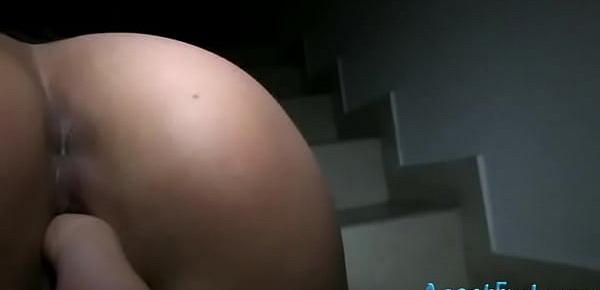  Slutty Celine flashes big tits and ripped on stairwell for money